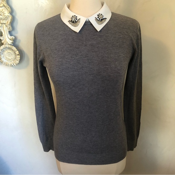 Vila Milano Gray sweater w/embellished beads & rhinestone pt.collar Size Medium - Picture 1 of 9